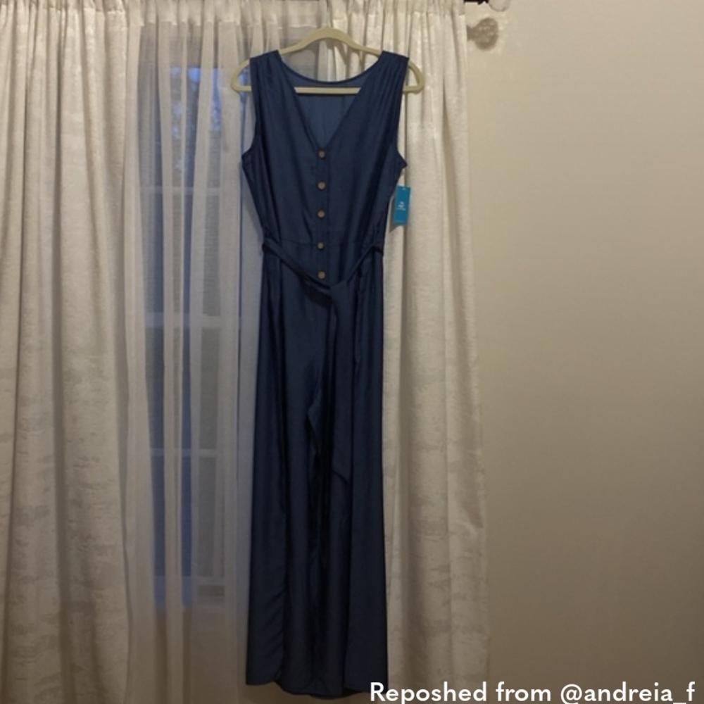 Cupshe Slate Blue Sleeveless Tie-Waist Wide-Leg Jumpsuit NWT - Picture 4 of 10